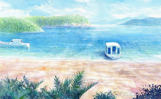 水彩画テラス】沖縄の風景「川平湾」石垣島/水彩画